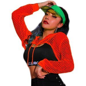 🆕Women’s Red Polyester Mesh Hoodie Crop Top Long Sleeve Fishnet Shirt